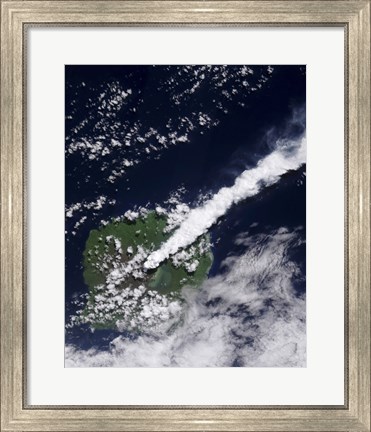 Framed Satellite view of a Thick, Steam-Rich Plume from Gaua Volcano Blows Directly Northeast Print