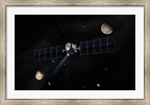 Framed Artist&#39;s Concept of the Dawn Spacecraft in Orbit around the Large Asteroid Vesta and the Dwarf Planet Ceres Print