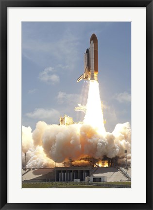 Framed Space shuttle Atlantis lifts off from Kennedy Space Center&#39;s Launch Pad 39A into orbit Print