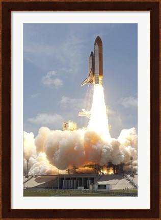 Framed Space shuttle Atlantis lifts off from Kennedy Space Center&#39;s Launch Pad 39A into orbit Print