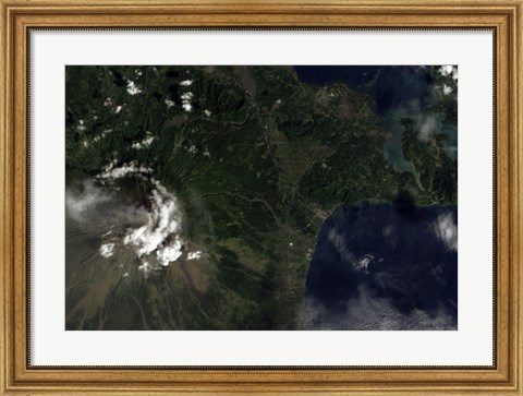 Framed Satellite view of Mayon Volcano Emitting a Thin Volcanic Plume Print