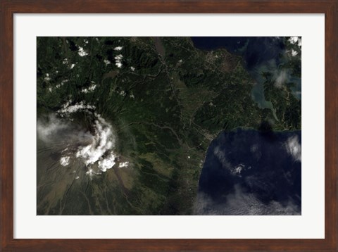 Framed Satellite view of Mayon Volcano Emitting a Thin Volcanic Plume Print