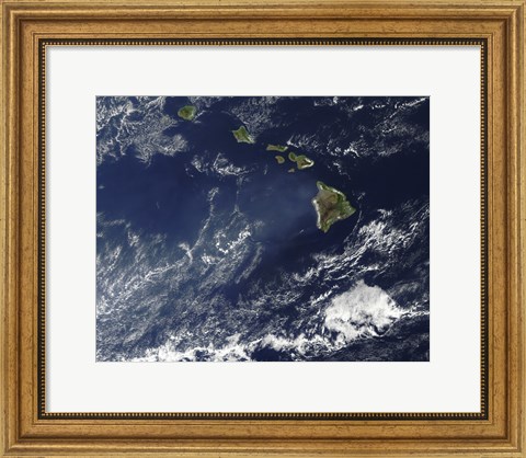 Framed Satellite View of Volcanic Fog from Kilauea Volcano Swirling around the Hawaiian Islands Print