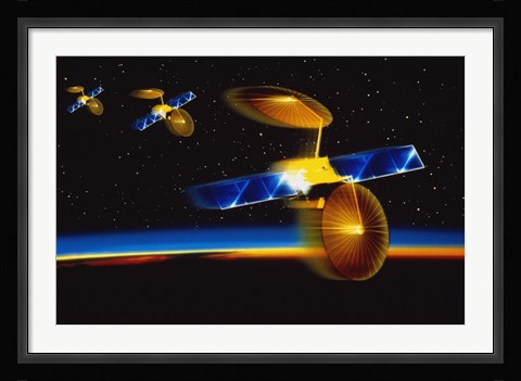 Framed Illustration of Satellites over Earth's Horizon Print