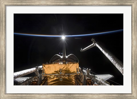 Framed Space Shuttle Atlantis&#39; Payload Bay Backdropped by a Blue and White Earth Print