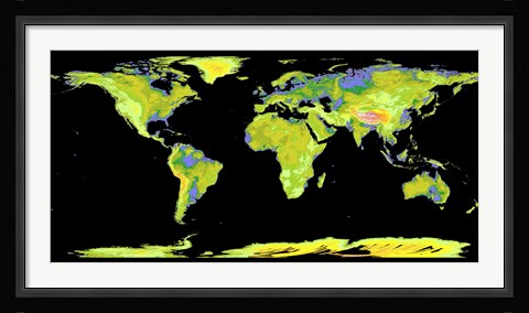 Framed Digital Elevation Model of the Continents on Earth Print