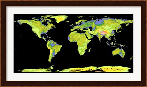 Framed Digital Elevation Model of the Continents on Earth Print