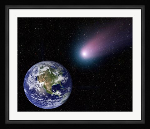 Framed Digital Composite of a Comet Heading Towards Earth Print