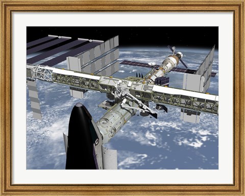 Framed Close up view of the Shuttle Docked to Node 2 of the International Space Station Print
