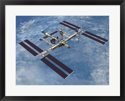 Framed Computer Generated view of the International Space Station against the Blue Sky Print