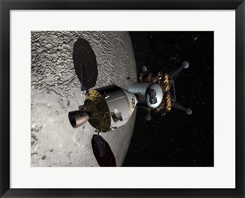 Framed Concept of the Orion crew Exploration Vehicle Docked to a Lunar Lander in Lunar Orbit Print