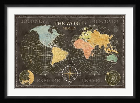 Framed Old World Journey Map Black Print