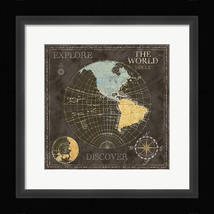 Framed Old World Journey Map Black I Print