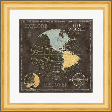 Framed Old World Journey Map Black I Print