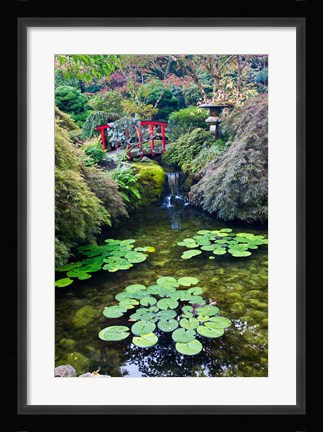 Framed Red Bridge, Autumn Color, Butchard Gardens, Victoria, British Columbia, Canada Print
