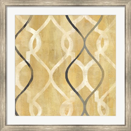 Framed Abstract Waves Black/Gold Tiles II Print