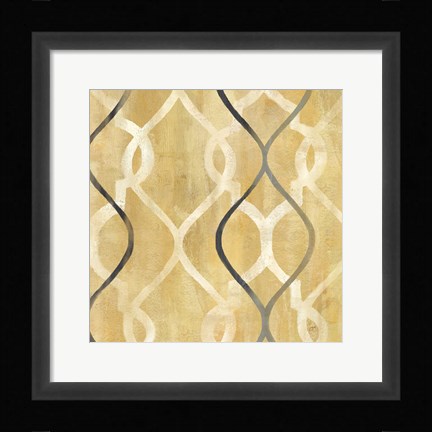 Framed Abstract Waves Black/Gold Tiles II Print