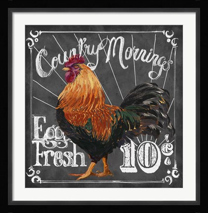 Framed Rooster on Chalkboard I Print