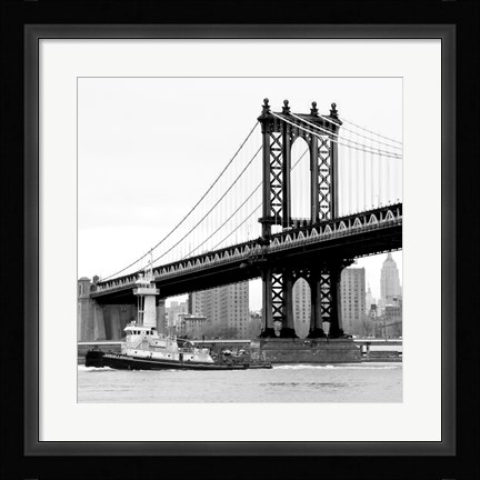 Framed Manhattan Bridge with Tug Boat (b/w) Print