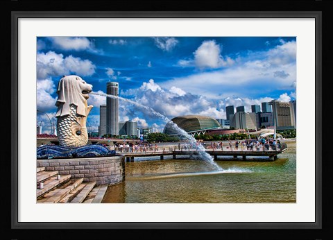 Framed Symbol of Singapore and Downtown Skyline in Fullerton area, Clarke Quay, Merlion Print