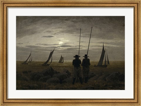 Framed Moonlit Night on the Beach, with Fishermen Print