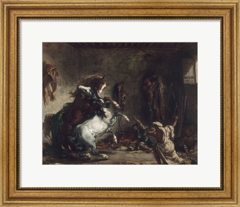 Framed Arab Horses Fighting in a Stable, 1860 Print
