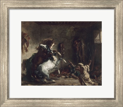 Framed Arab Horses Fighting in a Stable, 1860 Print