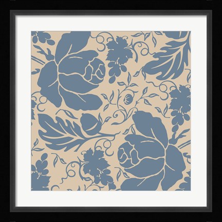 Framed Grapes and Buds Blue and Taupe Print