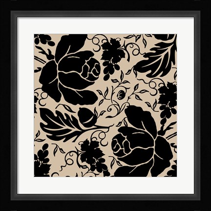 Framed Grapes and Buds Black and Beige Print