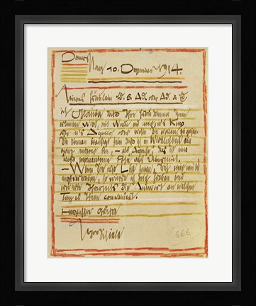 Framed Letter By Egon Schiele To The Sisters Edith And Adele Harms, 1914 Print