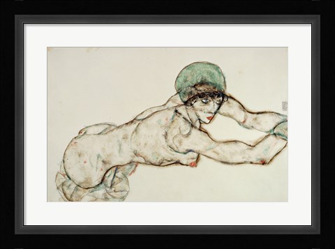 Framed Reclining Female Nude with Green Cap, Leaning to the Right, 1914 Print