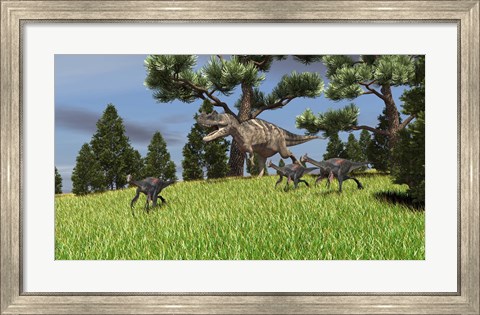 Framed Ceratosaurus Chasing Gigantoraptors Print