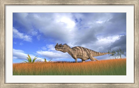 Framed Ceratosaurus Hunting in Prehistoric Grasslands Print