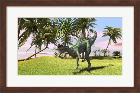 Framed Dilophosaurus Hunting in a Field Print