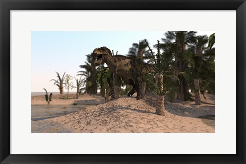 Framed Tyrannosaurus Rex Hunting in a Desert Environment Print