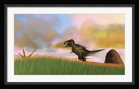 Framed Tyrannosaurus Rex in Grasslands Print