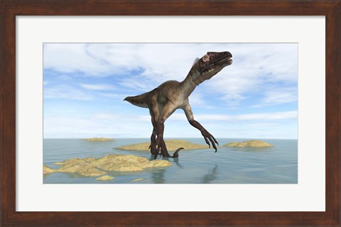 Framed Utahraptor in Prehistoric Waters Print