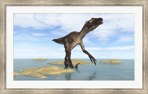 Framed Utahraptor in Prehistoric Waters Print