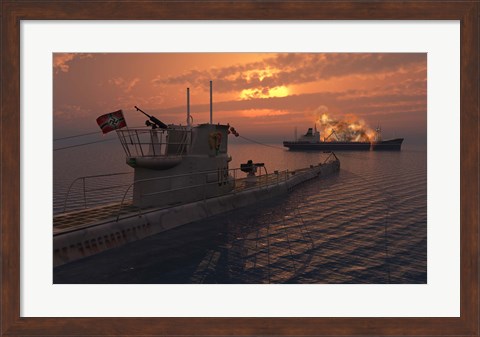 Framed German U-Boat and Allied Cargo Ship Print