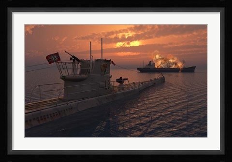 Framed German U-Boat and Allied Cargo Ship Print