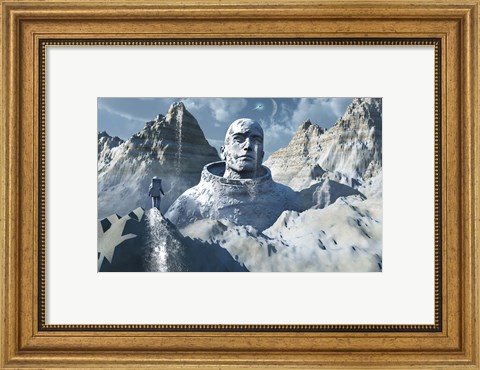 Framed Lone Astronaut looking at Statue Print