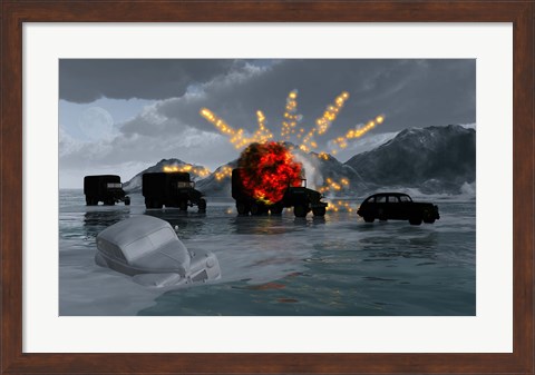 Framed Military Vehicles with a Truck Exploding Print