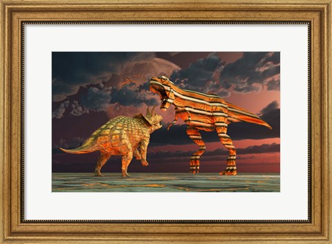 Framed Robotic T Rex &amp; Triceratops Battle Print