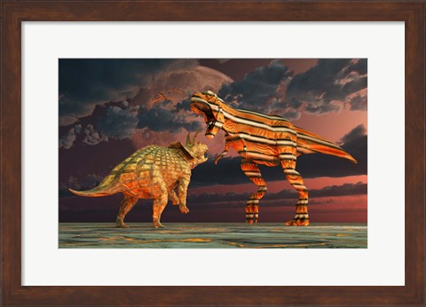 Framed Robotic T Rex &amp; Triceratops Battle Print