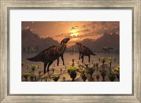 Framed T Rex and Parasaurolophus Duckbill Dinosaurs Print
