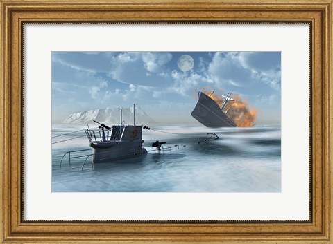 Framed German U-Boat Sinking a Ship Print