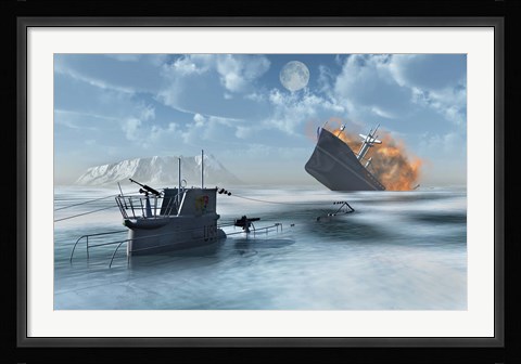 Framed German U-Boat Sinking a Ship Print