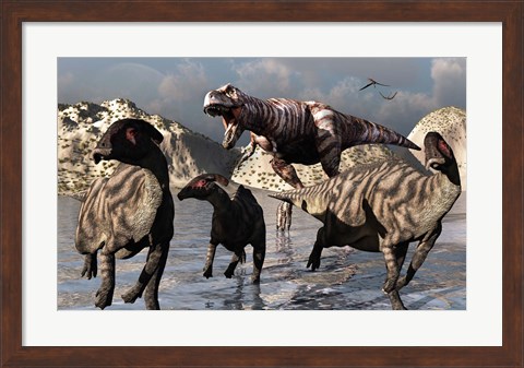 Framed Tyrannosaurus Rex and a Parasaurolophus Duckbill Print