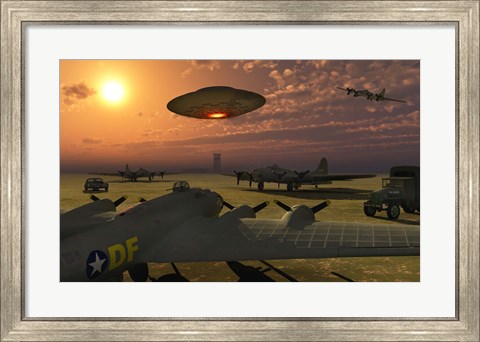 Framed Alien UFO Flying over an American Airbase Print