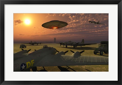Framed Alien UFO Flying over an American Airbase Print
